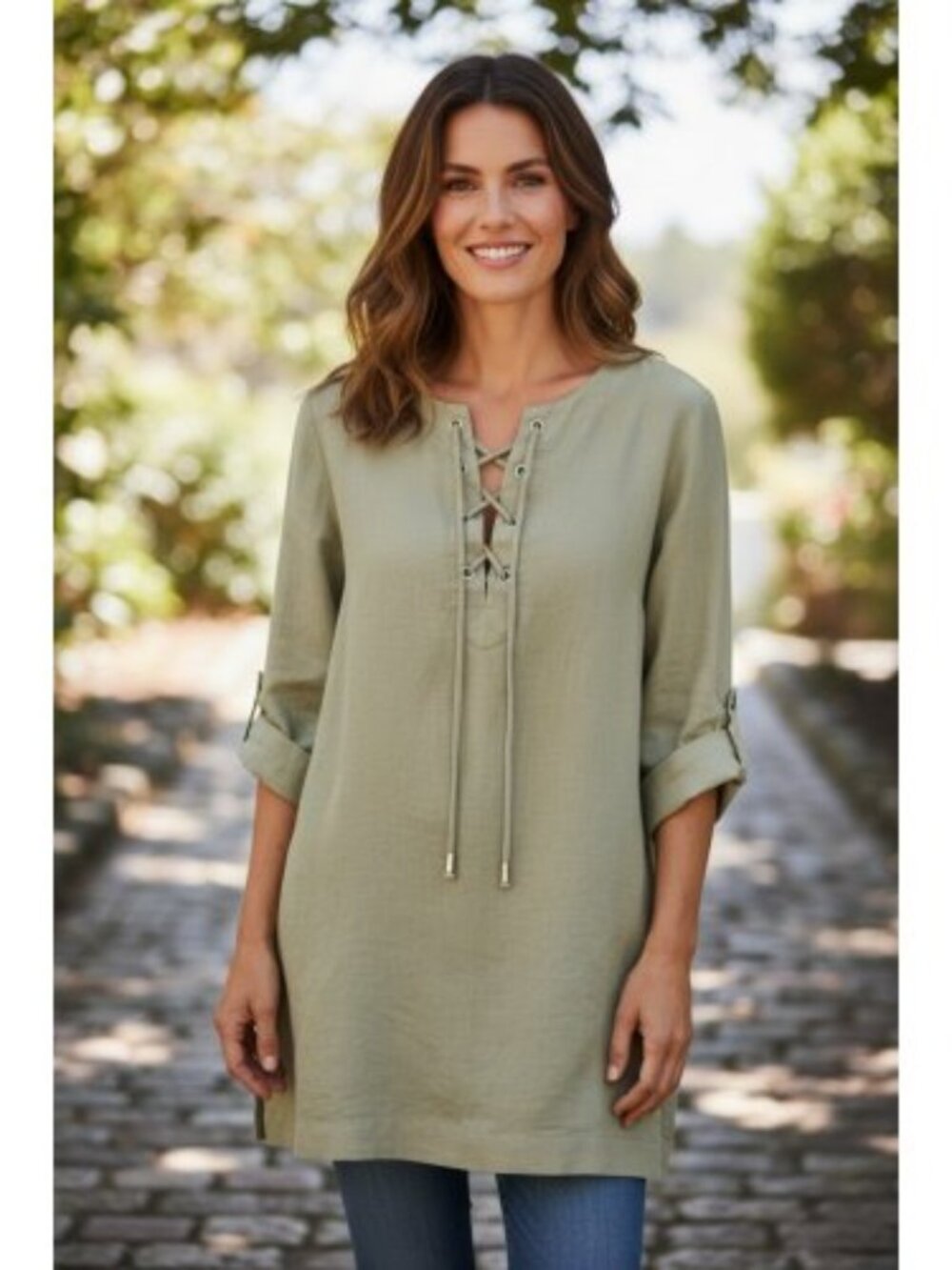 Chadwick’s REAL COMFORT Taupe Linen Boho Tie Front Tunic Top Ladies XL